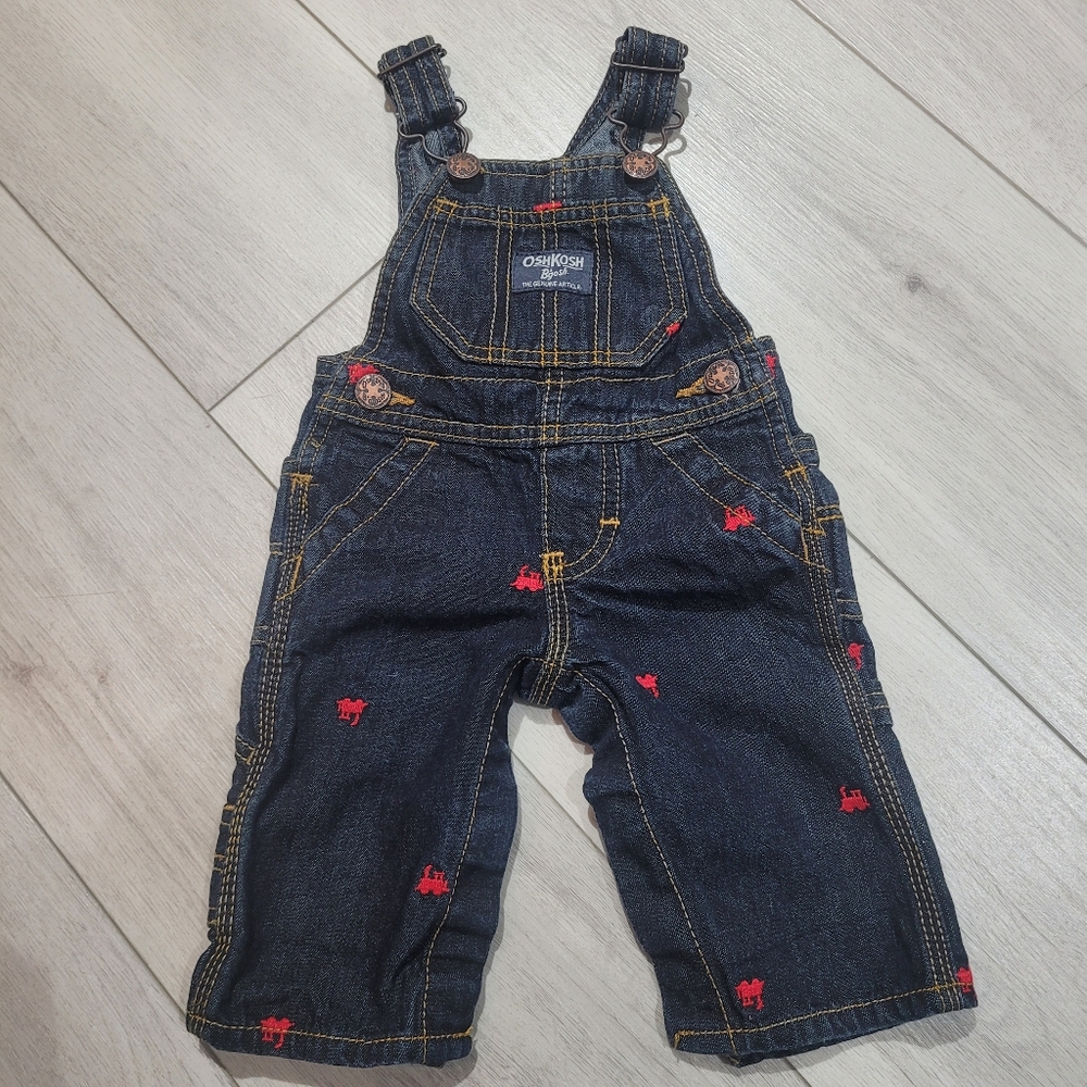 OshKosh B'gosh Kids Blue Denim Red Train Embroidered Overalls 3 Months Unisex